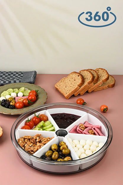 Large 6-Compartment 360-Degree Rotating Breakfast Set with Detachable Bowls and Round Serving Tray