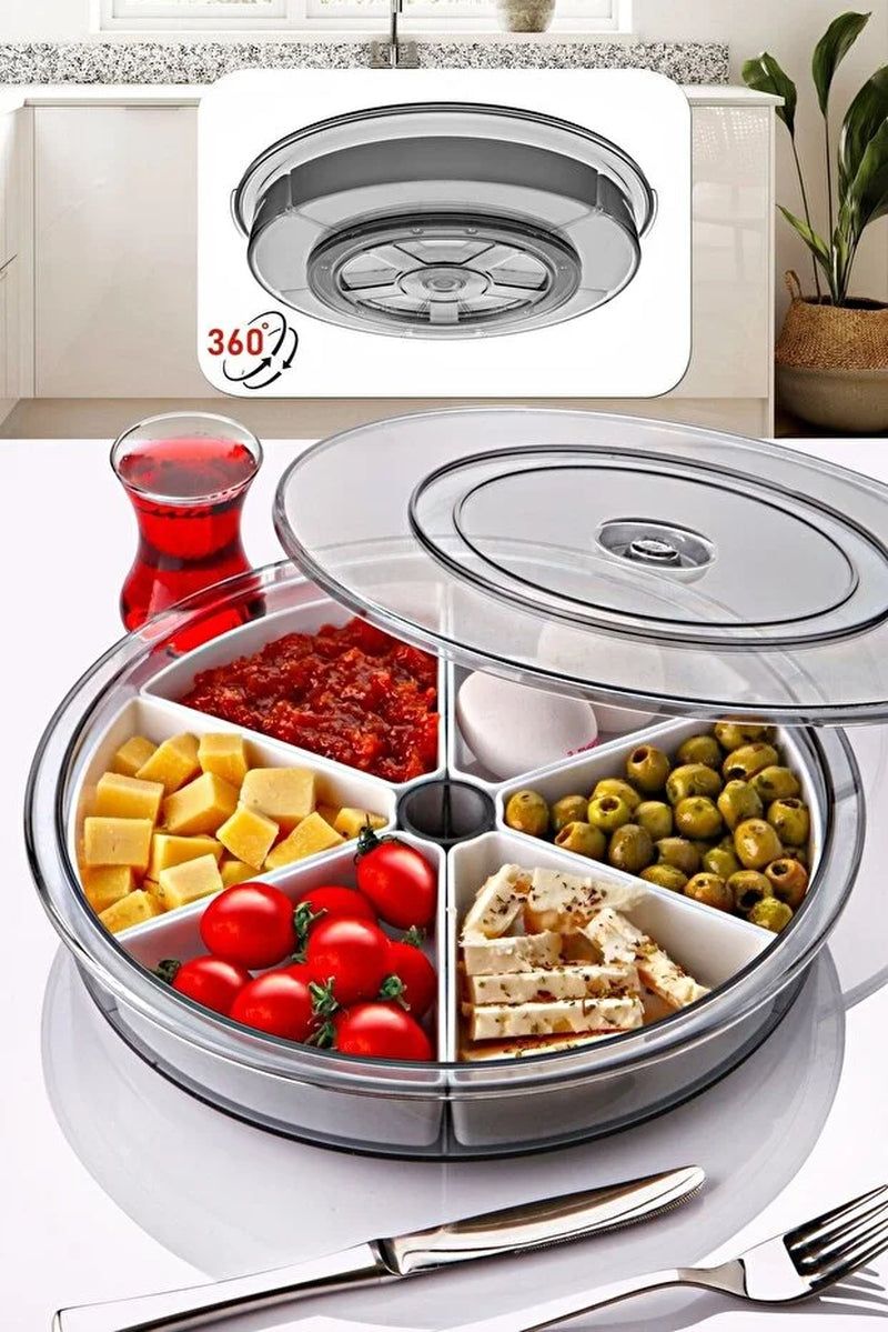 Large 6-Compartment 360-Degree Rotating Breakfast Set with Detachable Bowls and Round Serving Tray