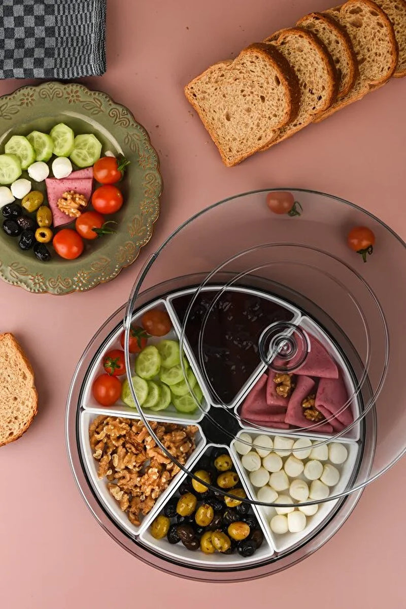 Large 6-Compartment 360-Degree Rotating Breakfast Set with Detachable Bowls and Round Serving Tray